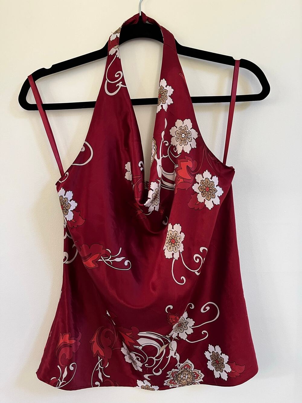 VTG Ann Taylor Halter Top Red Floral Cowl Neck Silky Satin Y2K 90s Sz 6